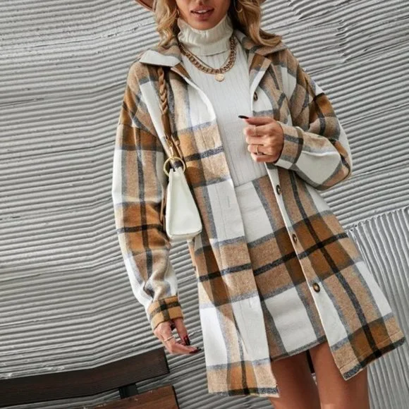 2 piece set Plaid Print Button Front Overcoat & Skirt Tan - Picture 3 of 6